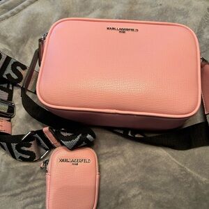 Karl Lagerfeld Pink Crossbody Camera Bag with Strap and Pouch